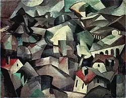 Albert Gleizes, 1910–11, Paysage (Landscape, Les Maisons), oil on canvas, 71 x 91.5&nbsp;cm. Reproduced frontispiece (titled Les Maisons, dated 1910) catalogue Galeries Dalmau, Exposició d'Art Cubista, Barcelona, 1912