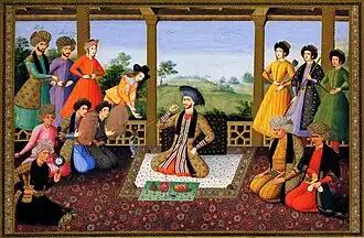 Shah (possibly Suleiman I) and courtiers. Aliquli Jabbadar, 1660s-70s. St. Petersburg Muraqqa, Fol. 98r