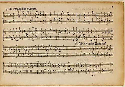 Vol.&nbsp;1 (1765), p.&nbsp;3, containing BWV&nbsp;267 by J.&nbsp;S. Bach and BWV Anh. 203 by D.&nbsp;Vetter.[32]