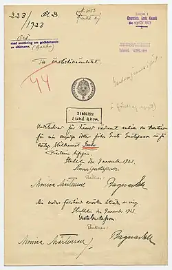 Hand-written letter with multiple signatures and with stamps of approval.
