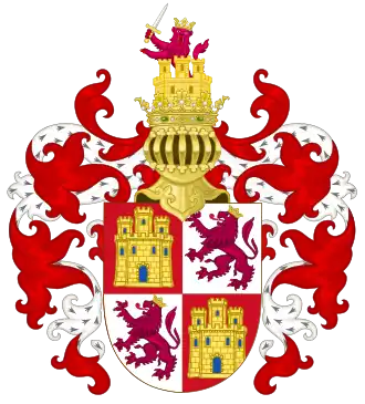 The Castilian arms with the Crest of the Castle and the Lion. During the reign of John II the royal crest was represented over the Device of the Bend depicted on a shield