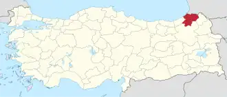Artvin highlighted in red on a beige political map of Turkeym