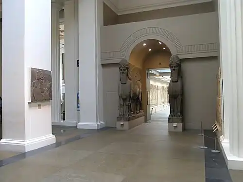 The British Museum – human-headed winged lion and bull from Nimrud, companion pieces in Metropolitan Museum of Art