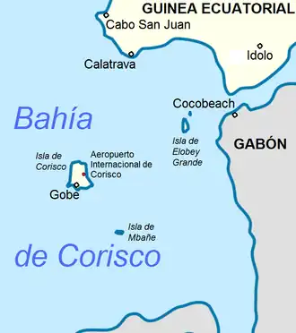 A Spanish language map showing the territories of Equational Guinea in beige and other countries in gray, highlighting the territory controlled by Equatorial Guinea including Mbanie Island, denoted as "Isla de Mbañe"