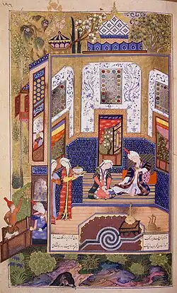 Bahram Gur in the White Pavilion, Khamsa of Nizami. Sultan Mohammed circa 1505, Tabriz (Topkapi H. 762).