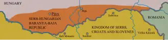 Border area between the Kingdoms of Hungary and the Serbs, Croats and Slovenes (later Yugoslavia). The territory claimed by the Baranya-Baja Republic is shown in orange.