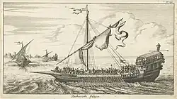 Ships, one at anchor, off the coast of a city whose towers are visible