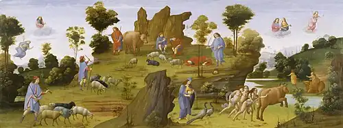 The ancient Roman poet Ovid, in his "The Metamorphoses," told the story of the nymph Io who was seduced by Jupiter, the king of the gods. When his wife Juno became jealous, Jupiter transformed Io into a heifer to protect her. This panel relates the second half of the story. In the upper left, Jupiter emerges from clouds to order Mercury to rescue Io. In the lower-left, Mercury guides his herd to the spot where Io is guarded by the hundred-eyed Argus. In the upper center, Mercury, disguised as a shepherd, lulls Argus to sleep and beheads him. Juno then takes Argus's eyes to ornament the tail feathers of her peacock and sends the Furies to pursue Io, who flees to the Nile River. At last, Jupiter prevails on his wife to cease tormenting the nymph, who, upon resuming her natural form, escapes to the forest and ultimately becomes the Egyptian goddess Isis