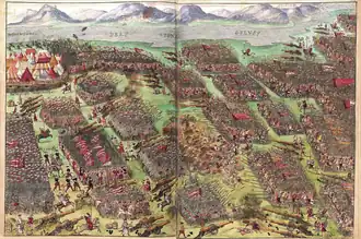 Battle of Mohács painting by Johann Schreier, prepared in 1555. Prepared 29 years after the Battle of Mohács, this painting shows the Turkish Army using the Crescent-Star flag