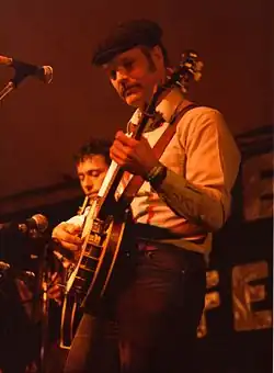 Bill Keith on stage at the 1985 Cambridge Folk Festival