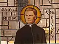 A stained glass window of Blessed Michael McGivney, founder of the Knights of Columbus