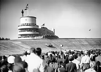 Streamlined Mercedes-Benz W25 Silver Arrow on the banking, 1937