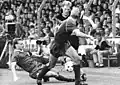 Matthias Sammer with the ball (center) fighting with Jörg Buder (left) and Marco Köller (in front) during the match.
