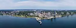 Aerial view of downtown Burlington in 2024