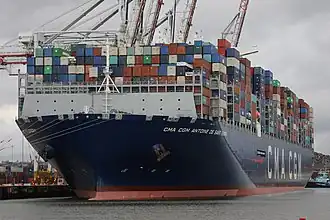 CMA CGM Antoine de Saint Exupery docked as Southampton container port
