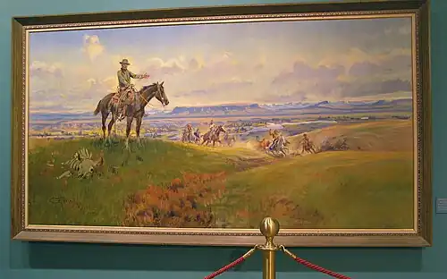 C.&nbsp;M. Russell and his friends. A detail of the picture was used for a Montana U.S. Postage Stamp in 1989.