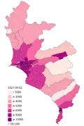 Confirmed cases for every 100,000 inhabitants in the districts of Lima and Callao.