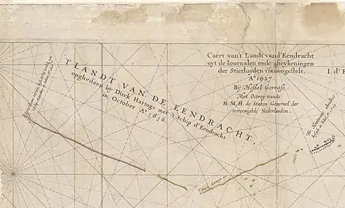 Caert van't Landt van d'Eendracht (detail showing Eendrachtsland)&nbsp;– Text on the close-up crop from the main chart reads, T Landt van de Eendracht, opghedaen by Dirck Hartogs met 't Schip d'Eendracht in October A° 1616 (transl. The Land of Eendracht, discovered by Dirk Hartog of the Eendracht in October 1616)