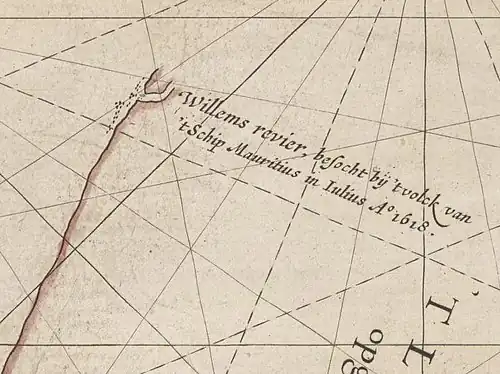 Caert van't Landt van d'Eendracht - (detail naming the Mauritius&nbsp;1612&nbsp;(2) as ship used for the discovery of the Willems River) - The text on this close-up cropped image says, Willems revier, besocht by 't volck van 't Schip Mauritius in Iulius A° 1618 ("Willem's River, visited by the crew of the ship Mauritius in July 1618")