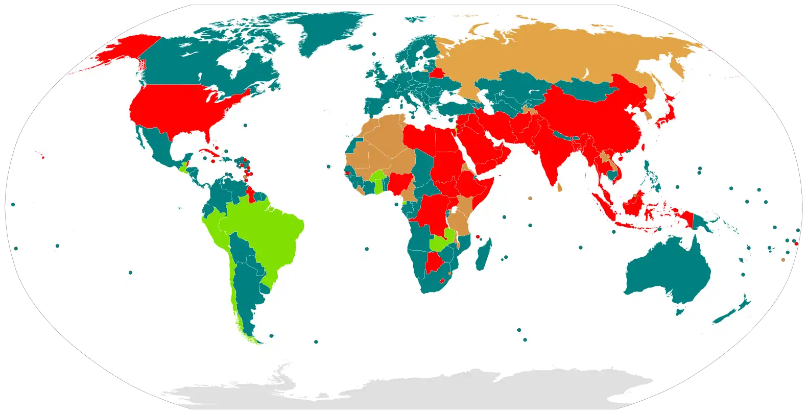 &nbsp;&nbsp;Abolitionist countries: 110 &nbsp;&nbsp;Abolitionist-in-law countries for all crimes except those committed under exceptional circumstances (such as crimes committed in wartime): 9 &nbsp;&nbsp;Abolitionist-in-practice countries (have not executed anyone during the past 10 years or more and are believed to have a policy or established practice of not carrying out executions): 23 &nbsp;&nbsp;Retentionist countries: 53