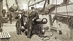 Deck scene cruiser Alabama in August 1863 - Lts Armstrong and Sinclair at Sinclair's 32-pounder station[11]