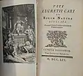 Frontispiece and title page to De Rerum Natura by Titus Lucretius Carus (1754)
