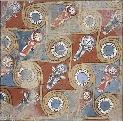 Ancient Egyptian volutes on a ceiling painting from the palace of Amenhotep III, c.1390–1353 BC, dried mud, mud plaster and paint Gesso, Metropolitan Museum of Art, New York City