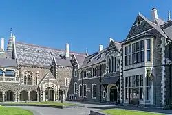 The North Quad at the Arts Centre te Matatiki Toi Ora featuring the Great Hall, Classics and Clock Tower buildings.