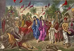 Nineteenth century lithograph by Calcutta Art Studio of Caitanya and Nityānanda performing a 'kirtan' in the streets of Nabadwip, Bengal.