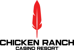 A red chicken feather is at the top. The black text "Chicken Ranch Casino Resort" is at the bottom.