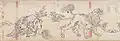 Panel from the second scroll, lions roar and scratching their backs.