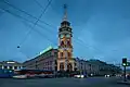 The City Duma tower in New Year decorations at night