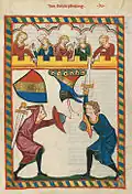 Illustration of combat with sword and buckler, Codex Manesse (Von Scharpfenberg, fol. 204r), c. 1305–1315.