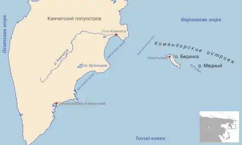 Map showing the position of the Commander Islands to the east of Kamchatka. The larger island to the west is Bering Island; the smaller island is Medny.