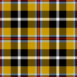 A square consisting of crossed lines of vivid colours. Yellow and black form thick, crossed lines producing large squares of colour, intersected by thinner lines of white, blue and red. The design is symmetrical and repeating.