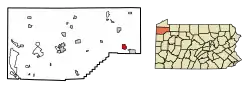Location of Hydetown in Crawford County, Pennsylvania.