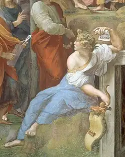 A woman seated on a rock, holding a lyre in one hand and a scroll with the word "Sappho" in the other