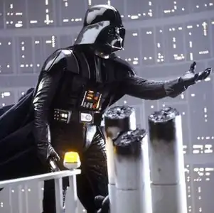 The final design of the Darth Vader helmet and costume (seen here in The Empire Strikes Back, 1980)