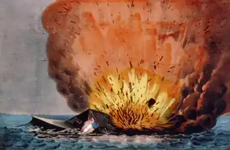 Print: Destruction of the Rebel Monster "Merrimac" off Crany Island; published by Currier and Ives