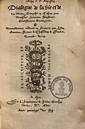 Title page of Dialogue de la vie et de la mort, printed and published by Granjon in his "lettre francoise" (Civilité) type, 1558.