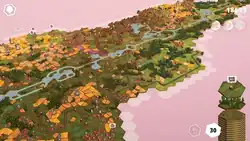 A plane of hexagons, containing fields, water, railroads, and villages. A stack of tiles is in the bottom right.