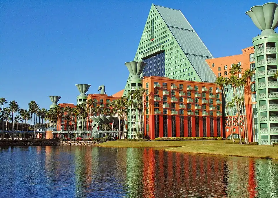 Dolphin Hotel, Orlando, Florida, US, with urn tops that are reminiscent of urns that decorate corners, tops and roof railings of buildings and furniture from the reign of Louis XIV, by Michael Graves, 1989[180]