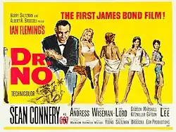 In the foreground, Bond wears a suit and is holding a gun; four female characters from the film are next to him.