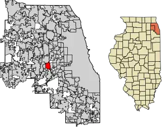 Location of Hinsdale in DuPage County and Cook County, Illinois.