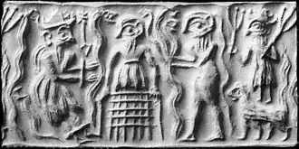 Image 28Ancient Sumerian cylinder seal impression showing the god Dumuzid being tortured in the Underworld by galla demons (from Comparative mythology)