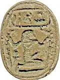 A scarab seal with the cartouche of Thutmose IV above the god Heh, c. 1397-1388 BCE