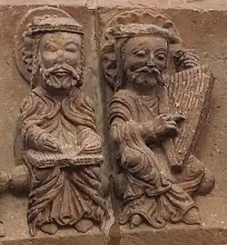 12th century, Spain. Two of the 24 Elders of the Apocalypse with a psaltery and rota, Santo Domingo de Soria.