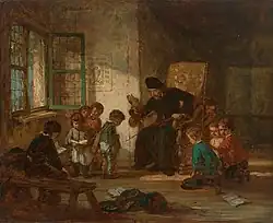 Deutsch: Lehrer in einer Grundschulklasse. Öl/Holz. 25,5 x 31&nbsp;cm. Sign. und 1866 dat. Date 1866 Source Auktionshaus Zeller Eugène-François de Block (1812–1893).