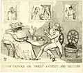 Modern dress (1786) illustrates the 1780s emphasis on rounded pouting bosoms and broad-brimmed hats.