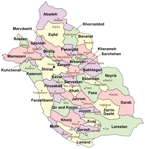 Location of Larestan County in&nbsp;Fars&nbsp;province (bottom&nbsp;right,&nbsp;green)